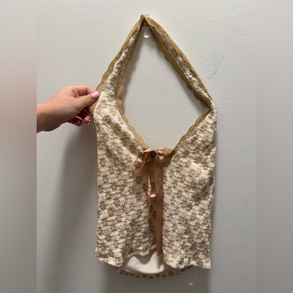 Urban Outfitters Cream & Tan Lace Halter Tie-Front Top